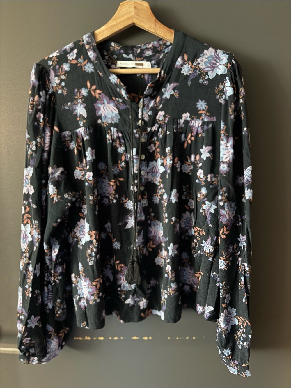 Rebecca Minkoff Navy Floral Peasant Blouse with Lavender & Coral Accents